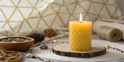 Burning yellow candle on wooden stand with decorative elements for relaxation and comfort