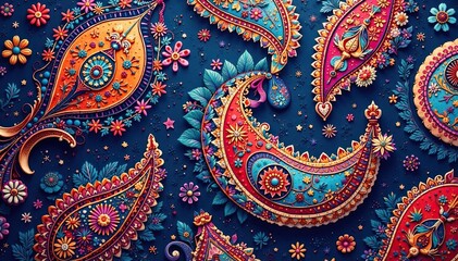 Continuous paisley motif, intricate detail in rich color variations , ornate, detail