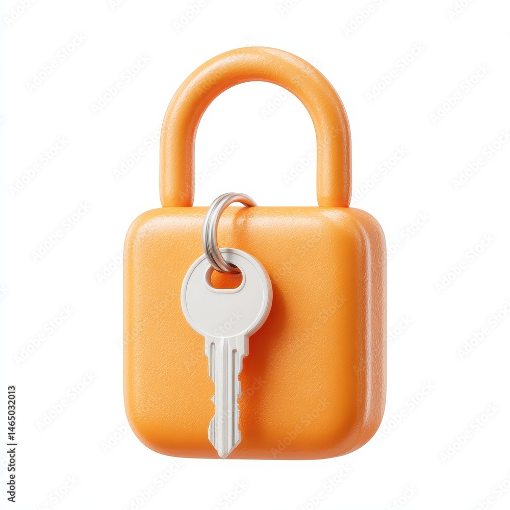 Aufkleber orange padlock with a small white key attached. simple 3d rendering on a white background.
