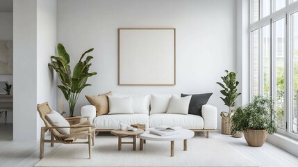 Fototapeta premium Minimalist Living Room White Sofa Plants Blank Canvas
