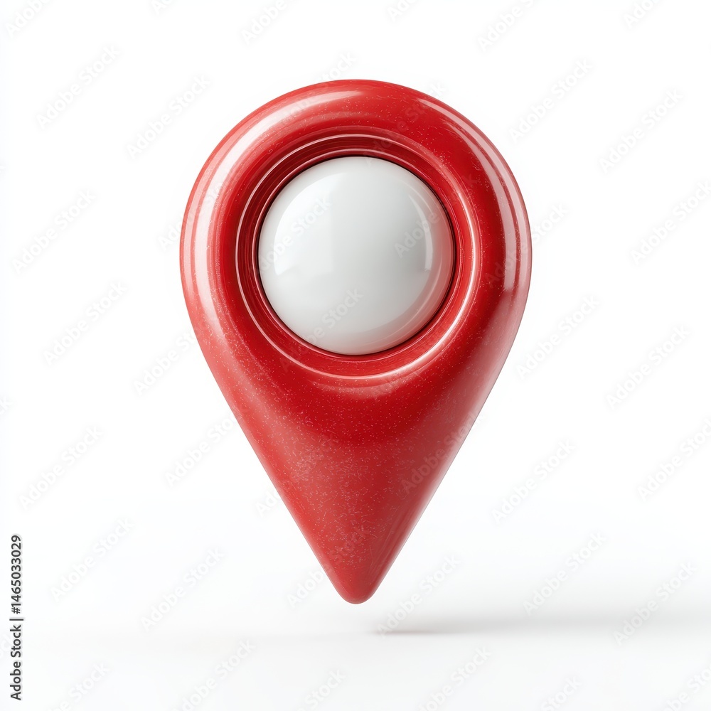 Poster red glossy map marker with a white center, isolated on white background. 3d rendering.