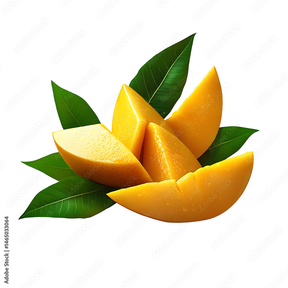 Aufkleber sliced mango fruit and mango leaves on a transparent background with clipping paths included.