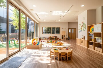Bright and spacious kindergarten room with toys, tables, and natural light, creating a welcoming and stimulating environment for children's learning and play