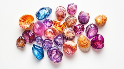 Colorful, multicolored seashell decor.  A variety of vibrant, decorative seashells in various shades