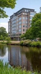 Modern Office Building Reflected in Calm River Water Surrounded by Green Trees and Foliage