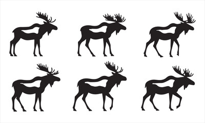 Deer silhouettes set vector illustration, black deer silhouette icon bundle