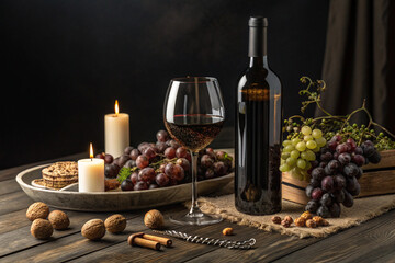 Romantic Red Wine Still Life with Grapes and Candles