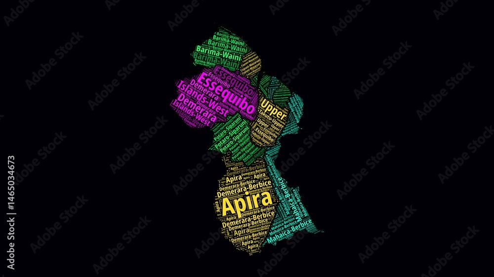 Poster guyana intro video. regions word clouds animation. guyana regions names in english language fading i