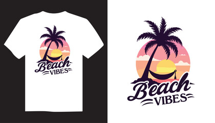 Vector summer t shirt design illustration of a tropical beach with palms tree