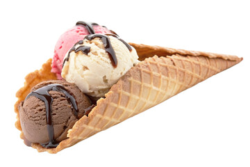Delicious Triple Scoop Ice Cream Cone with Chocolate Drizzle
