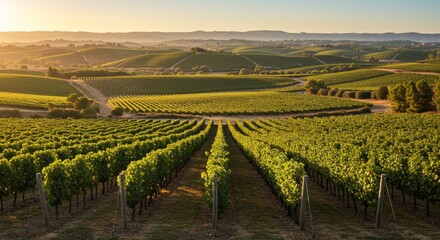 Naklejka premium Vast expanses of flourishing vineyards under the golden glow of the setting sun