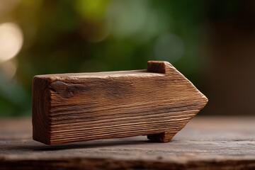 Wooden arrow signpost pointing to the right with a rustic look on a blurred natural background emphasizing directions and outdoor signage concept