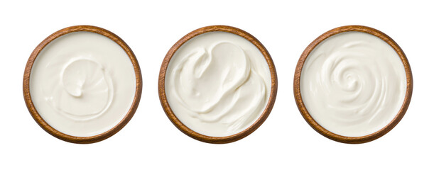 Top view of yogurt in bowl on white background. Healthy eating concept