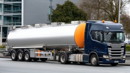 Orange and blue seepage truck parked on city street surrounded by historic buildings in St-Petersburg under rainy weather