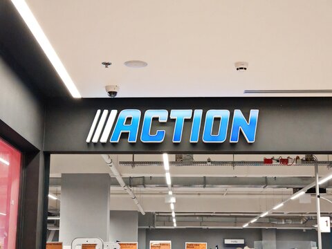 Prague,Czech Republic-April 8 2025: Action Shop is a discount retail store offering a variety of affordable household goods, decorations, electronics, and seasonal products.	

