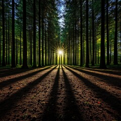 Obraz premium Panorama of Sunlight and Shadows in the Forest