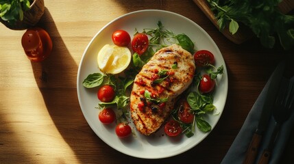 Grilled chicken breast served with cherry tomatoes, fresh basil, and lemon on a wooden table