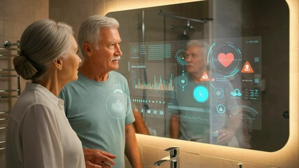 Elderly couple examining health data on a futuristic bathroom mirror display while enjoying time together - Powered by Adobe
