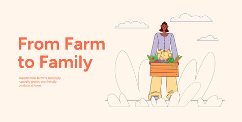 Young Woman Holding Wooden Box with Fresh Vegetables. From Farm to Family Concept. Support Local Farmers, Eco Friendly Organic Produce. Flat Vector Illustration Isolated on Light Background