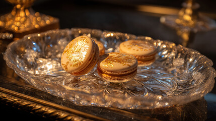 Royal Macarons with Gold Leaf in a Crystal Tray