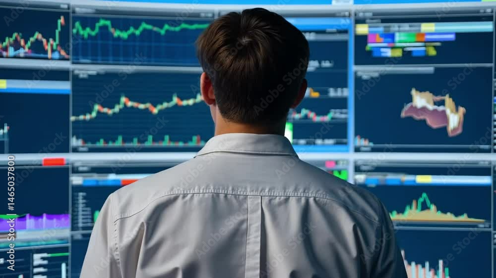 Poster professional analyst engaged in data analysis with multiple screens displaying charts