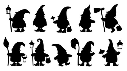 set of gnomes different poses silhouette vector on tranparent background