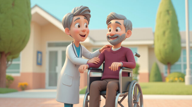 cheerful healthcare professional interacts with elderly man in wheelchair outside medical facility, showcasing warmth and care