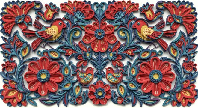 Polish folk art. Floral and Bird Pattern with Layered Paper Cut Design