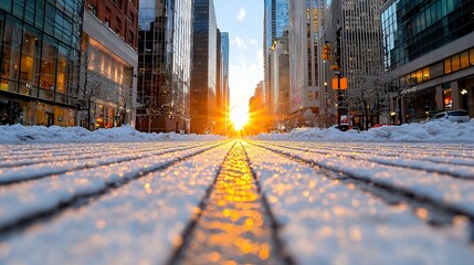 Fototapeta premium City Street View with Snow and Setting Sun at Dusk