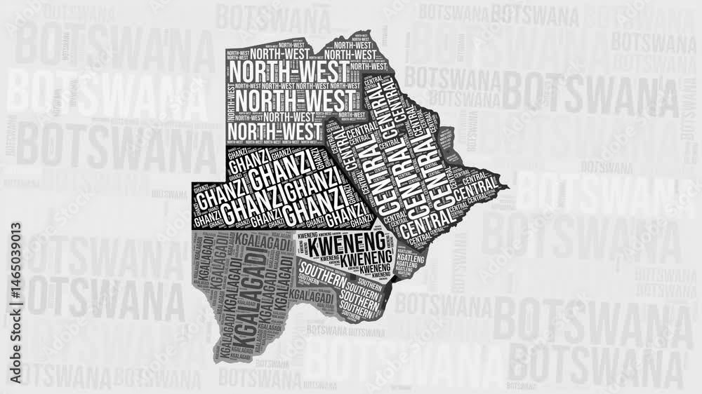Poster botswana animation. visual effect of botswana regions appearing in black and white word clouds style