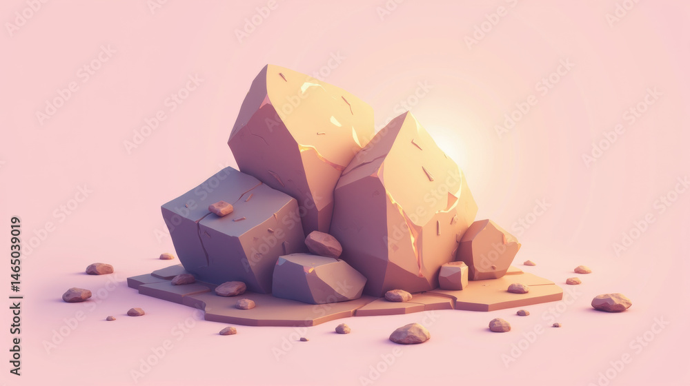 Aufkleber collection of stylized rocks in various shapes and sizes, illuminated softly, creating serene and ar