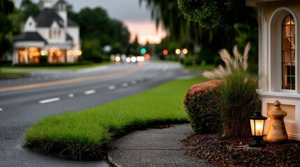 Obraz premium Solar street light illuminates urban road with bright white lights while highlighting nearby trees in blurred background
