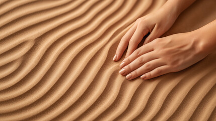 Hands gently touch rippled patterns of sand dune, creating serene and tactile experience