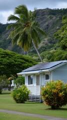 Sustainable living with solar panels on a quaint cottage amidst lush greenery under cloudy skies for eco friendly lifestyle, tropics, island.