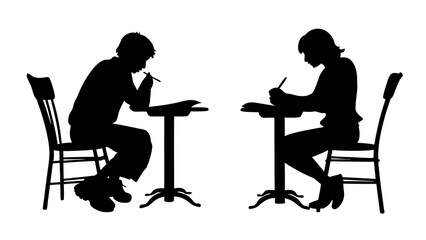 Silhouettes of students studying on tranparent background