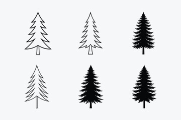 Obraz premium Fir Tree Silhouette and Outline Vector Set – Dense Pine Tree Clipart Collection