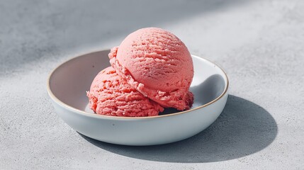 Delicious strawberry ice cream scoops in white bowl on light gray background
