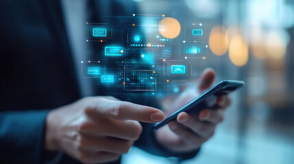 Person uses cellphone with graphical data overlay for analysis, management, and communication networking in modern digital business