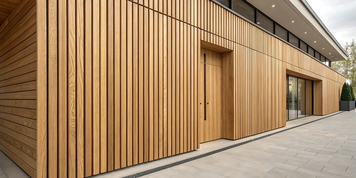 Fototapeta Modern architectural exterior featuring wooden siding and entryway design