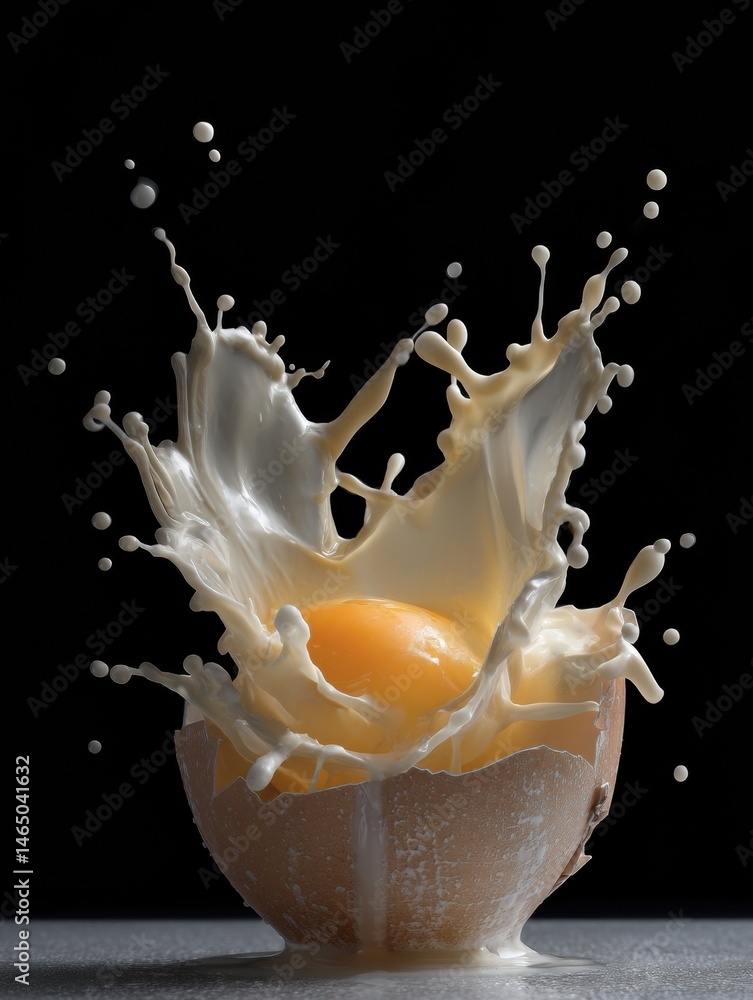 Poster yolk splash frozen in motion above fragile broken eggshell captured in dramatic detail generative ai
