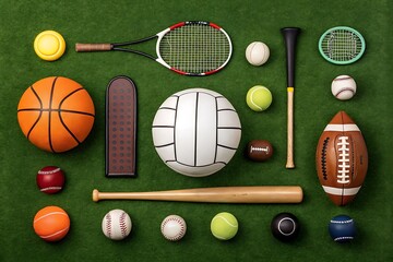 Overhead arrangement of various sporting equipment arranged on a green artificial turf surface