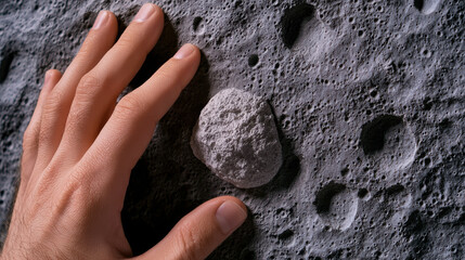 Hand gently touches textured, cratered surface resembling moon or asteroid, evoking curiosity and exploration