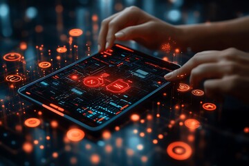 Futuristic tablet interface displaying data and touching the digital information