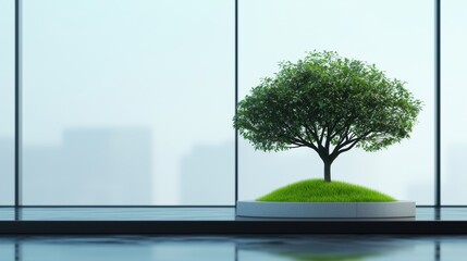 Obraz premium Tree in front of a modern building with entrepreneurs nearby, symbolizing a green startup.
