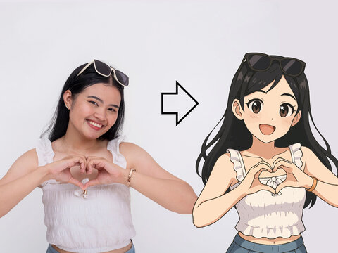 A smiling young woman’s real photo converted into an anime-style character illustration using AI, ideal for avatars or digital content. - Powered by Adobe