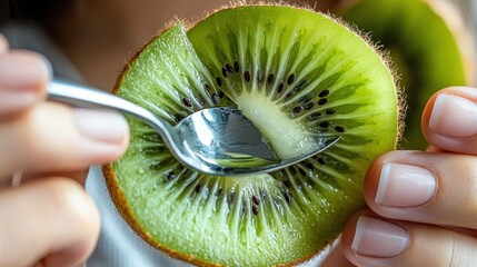 Person eating a kiwi with a spoon