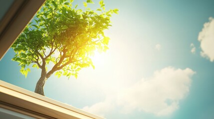 Obraz premium Tree receiving sunlight through a newly opened skylight, symbolizing positive improvement.