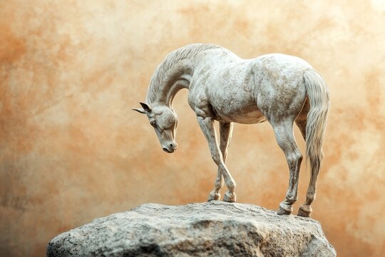 A  statuesque horse sculpture atop a weathered rock.