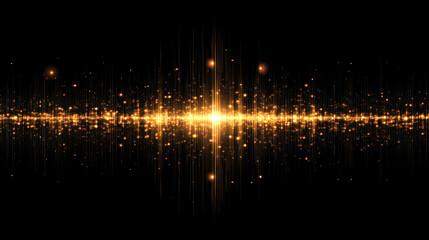 Mesmerizing digital sound wave pattern made of glowing dots radiates energy and vibrancy, creating captivating visual experience. golden hues and sparkling elements evoke sense of rhythm