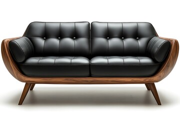 Fototapeta premium Elegant modern design two-seater black leather sofa with wooden frame isolated on white